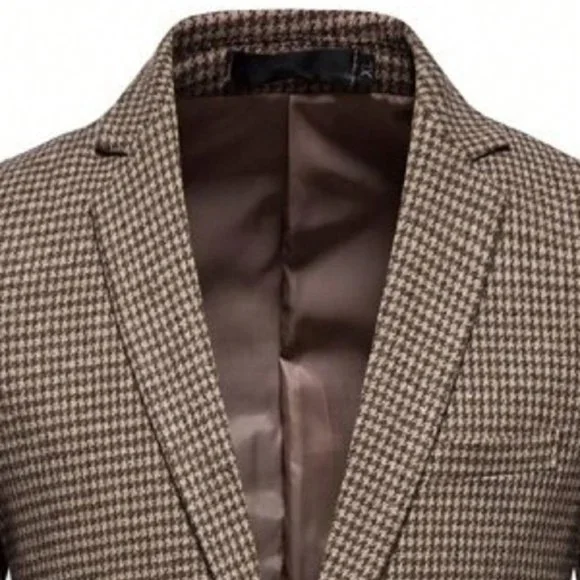 Brown Casual Mens Houndstooth Single Button Tweed Blazer - Picture 3 of 3